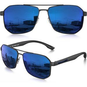 Sunglasses for Men Square Polarized Polygon Lens UV 400 Protection-Blue Len's